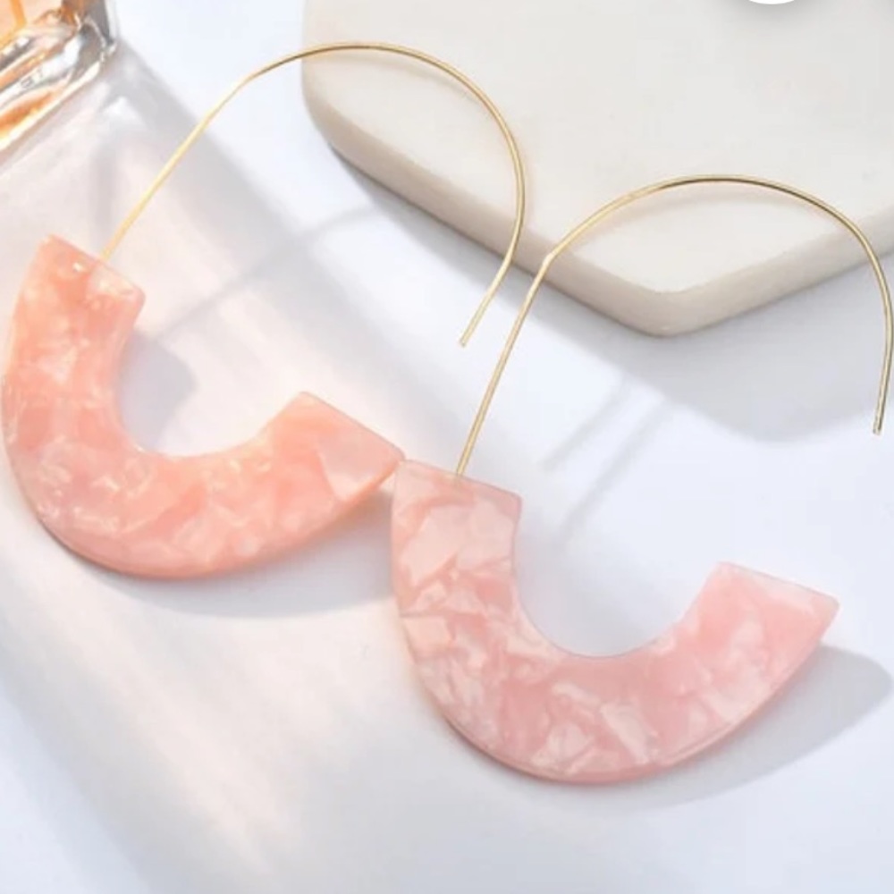 Boho Bohemian Pink Acrylic Resin Drop Open Hoop Dangle Tortoise Shell Earrings